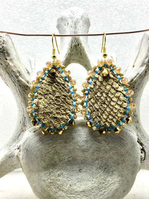 gold pear salmon leather earrings