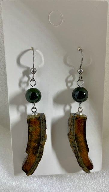fossilized blue mammoth bark and jade earrings